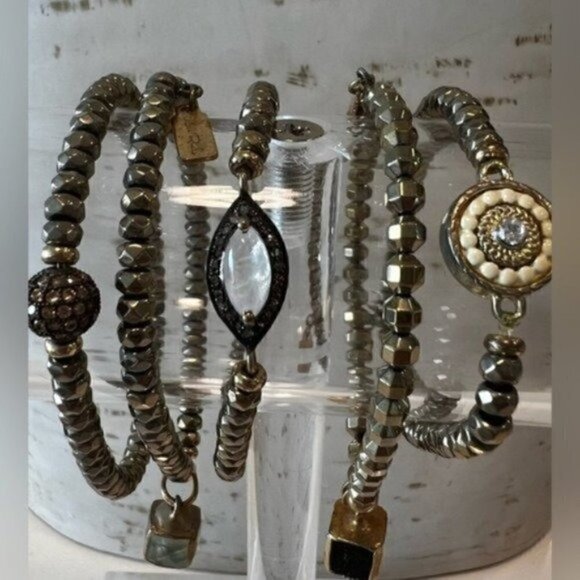 Bracelet Set of 5 Gold Bracelets with Natural Gemstones - Gold Bracelets - Picture 3 of 7